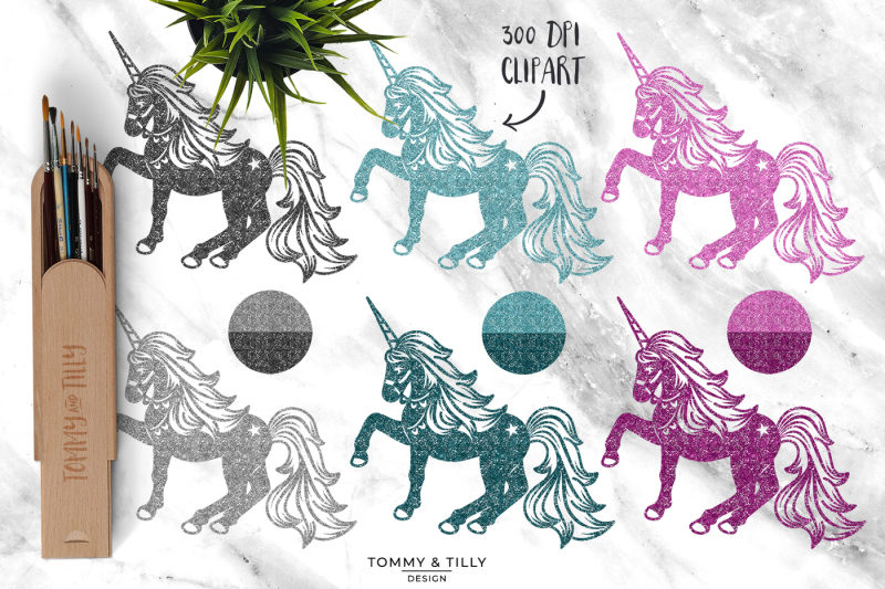 glitter-unicorn-clipart-set-6-colours-png