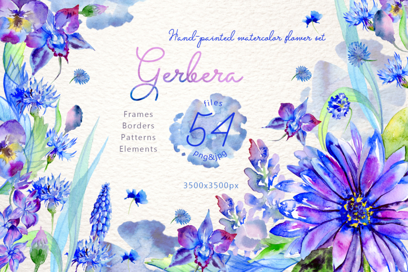 blue-gerbera-png-watercolor-flower-set