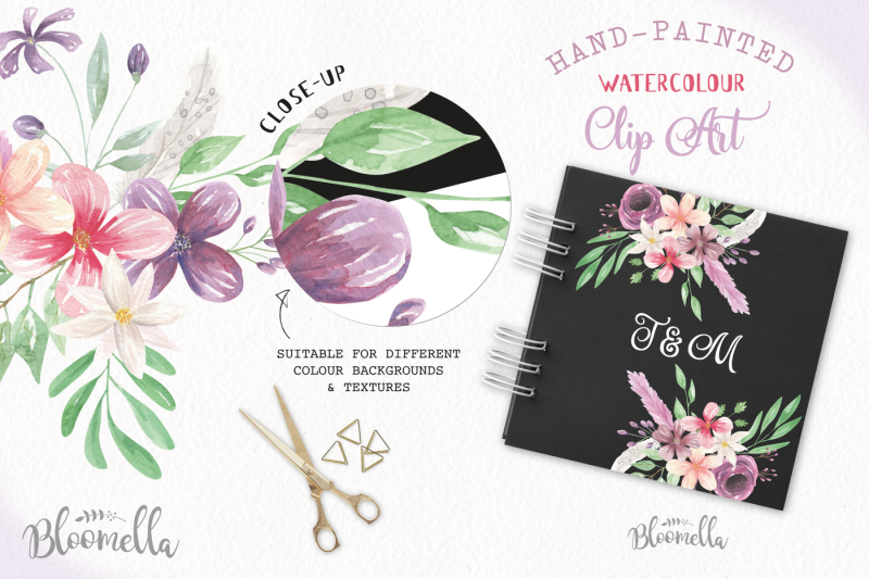 bohemian-watercolor-flowers-floral-purple-feathers-boho-bouquets