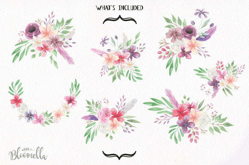 bohemian-watercolor-flowers-floral-purple-feathers-boho-bouquets