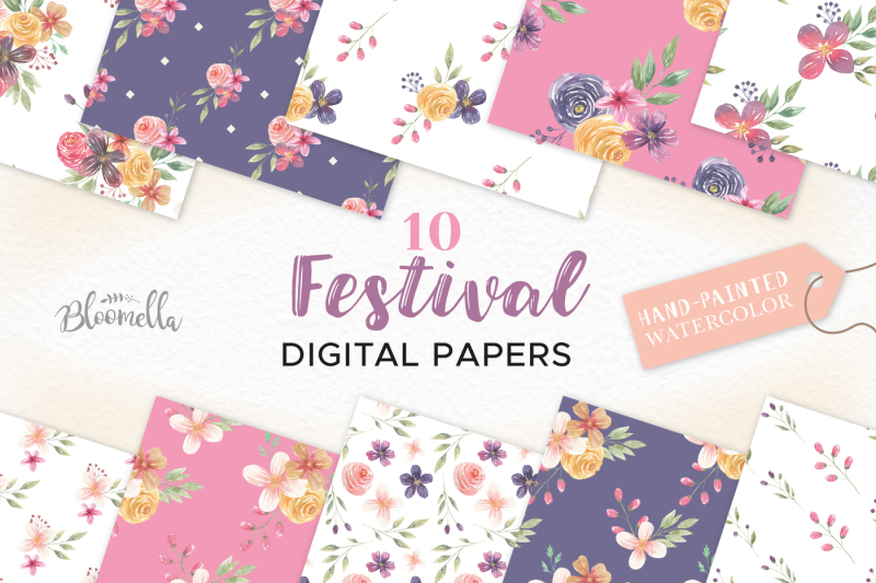 festival-watercolor-digital-papers-floral-flowers-patterns-purple