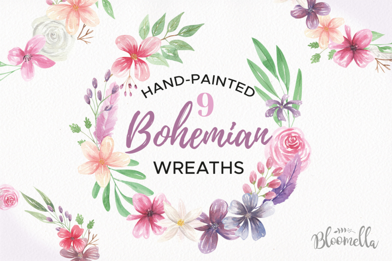 bohemian-flower-wreaths-garlands-floral-purple-wedding-clipart-set