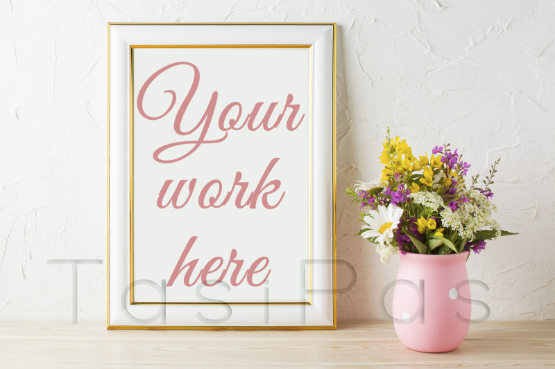gold-decorated-frame-mockup-with-wildflowers-in-pink-vase