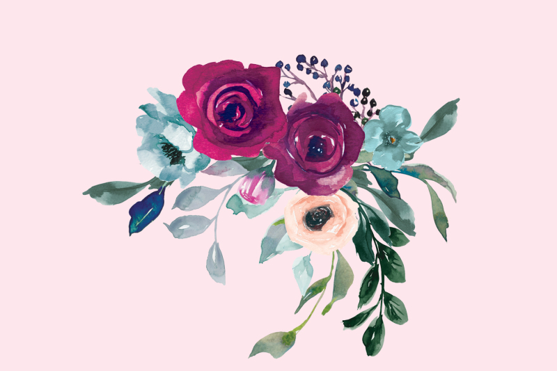 watercolor-burgundy-pink-flowers-clipart-arrangements