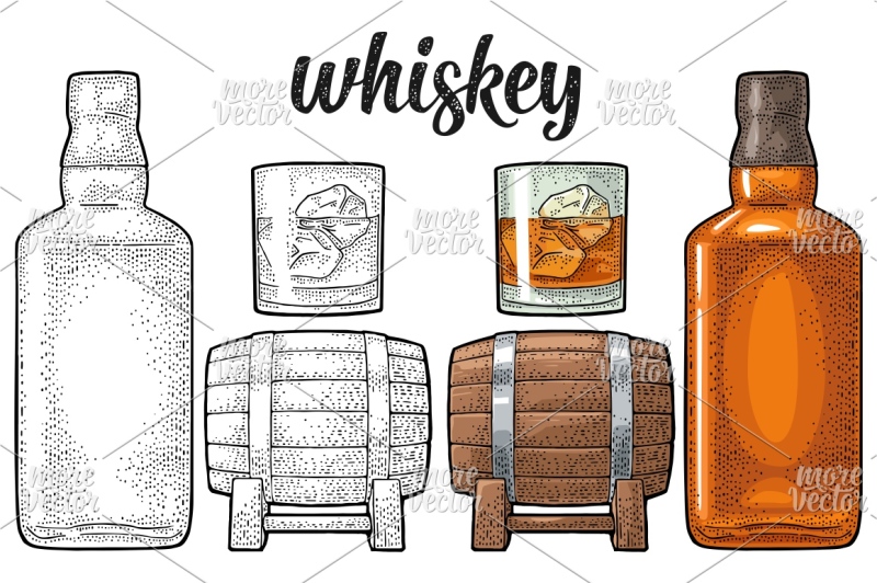 whiskey-glass-with-ice-cubes-barrel-bottle-vector-vintage-engraving
