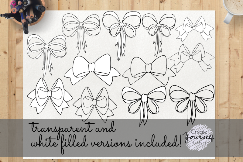 Hand drawn bow clip art set - doodle ribbon clip art, bow elements By ...