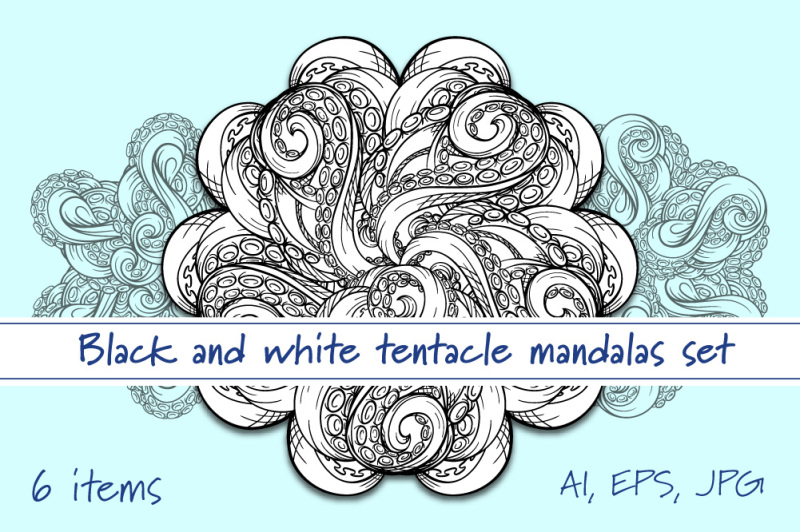 black-and-white-tentacle-mandalas-set