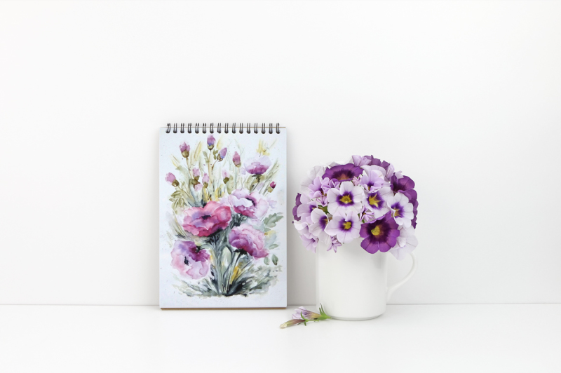 notepad-mock-up-purple-petunia-white-background