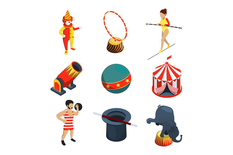 circus-icon-set-people-animals-magician-show-clowns