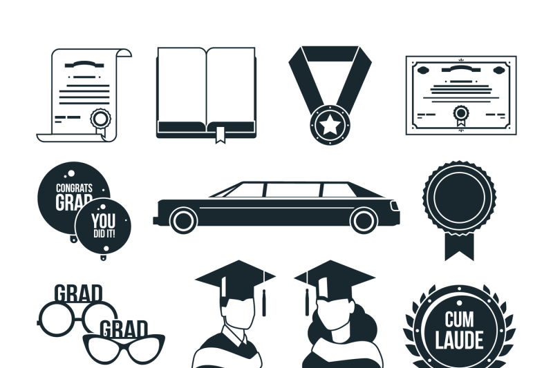 students-graduation-party-in-monochrome-style-black-vector-icons-set