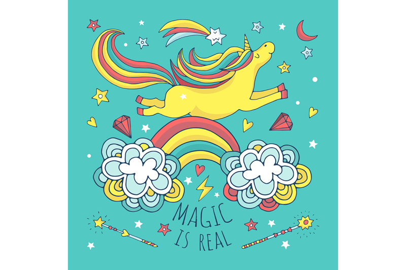 magic-vector-background-poster-with-unicorn-and-rainbow