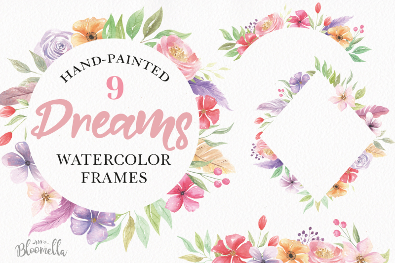 dreams-frames-watercolor-clipart-border-flowers-feathers-pink-purple