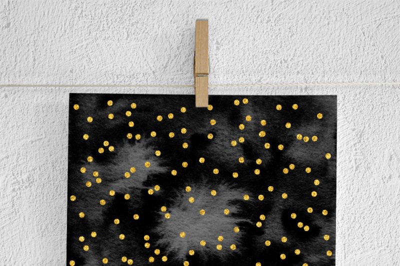 black-watercolor-and-gold-dots-paper