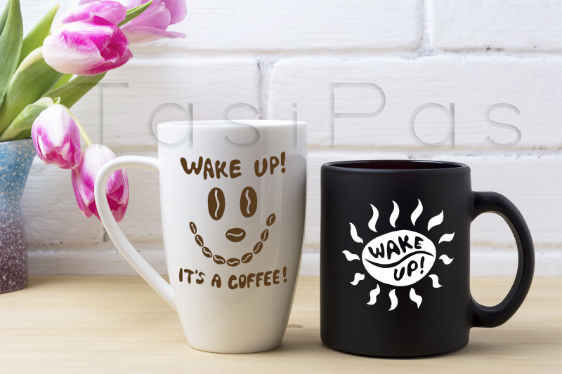 black-coffee-cup-and-white-cappuccino-mug-mockup-with-magenta-tulip