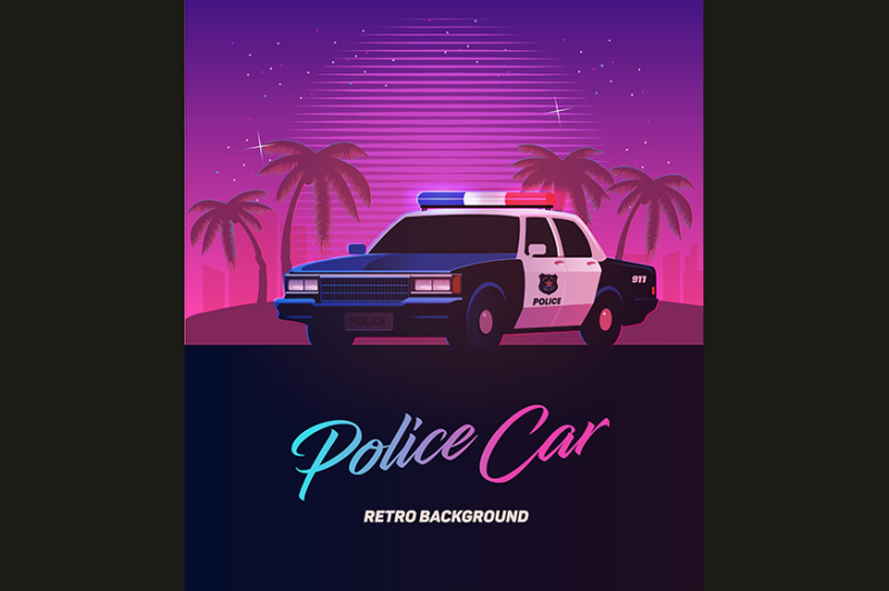 80s-retro-neon-gradient-background-vintage-police-car