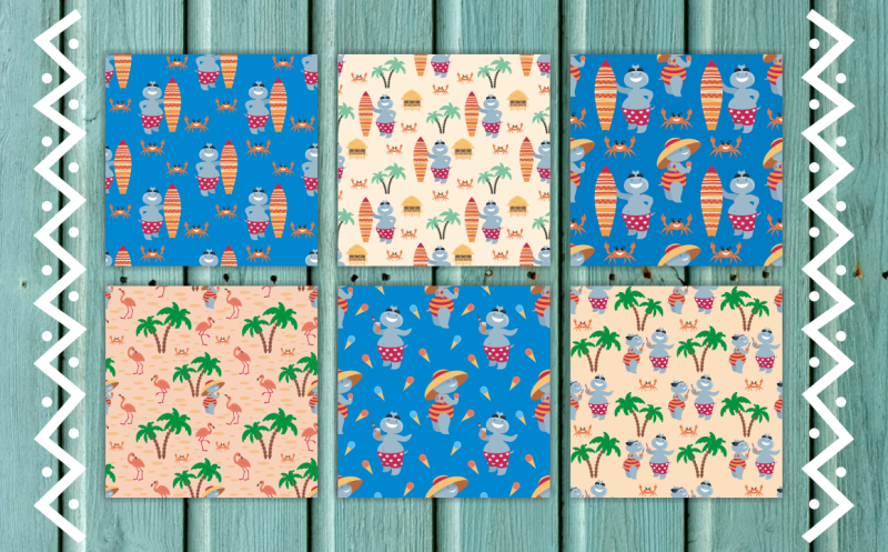 summer-amusing-hippopotamuses-and-flamingo-seamless-patterns