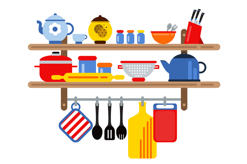 cooking-and-restaurant-equipment-on-kitchen-shelves