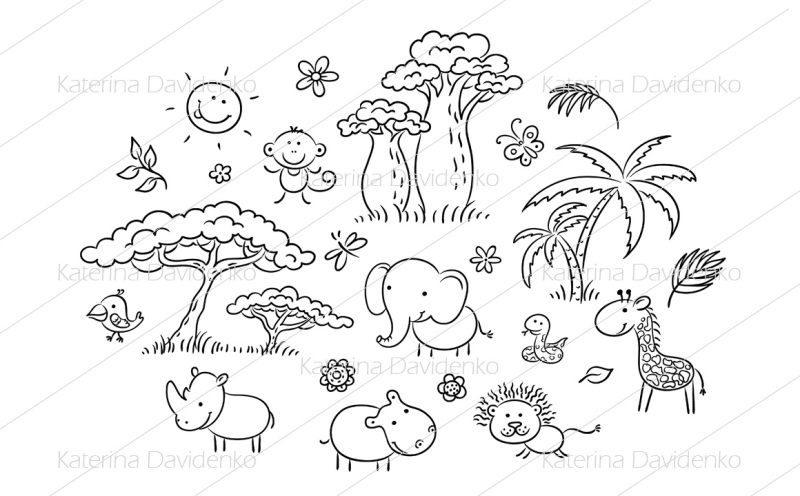 set-of-cartoon-exotic-african-animals-and-plants