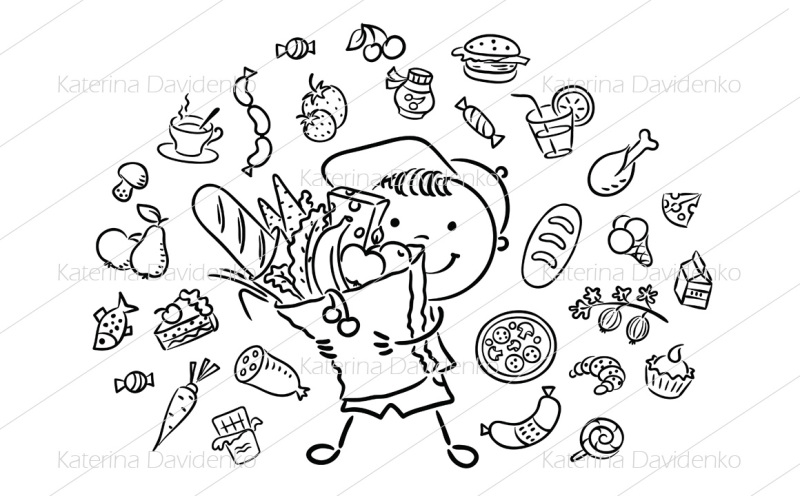 child-with-a-big-bag-full-of-food-and-isolated-food-set