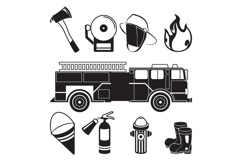 monochrome-illustrations-of-fireman-tools-in-fire-station-department