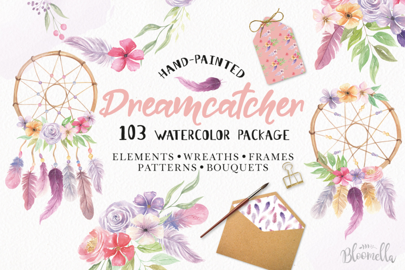 dreamcatcher-watercolor-103-piece-package-patterns-wreaths-feathers