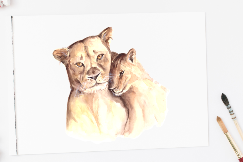 watercolor-mother-and-baby-lions-clip-art-and-print