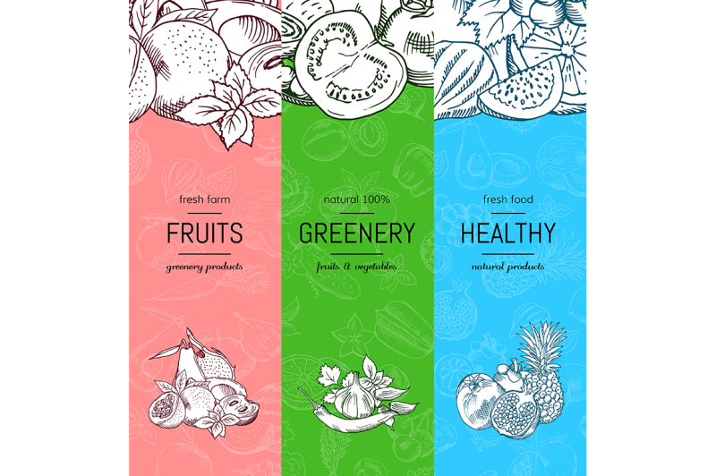 vector-vegan-healthy-organic-banner-set-with-doodle-sketched-fruits