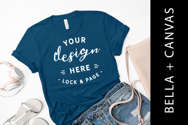 Free Teal Bella Canvas 3001 T Shirt Mockup Fashion Flat Lay Feminine Shirt (PSD Mockups)
