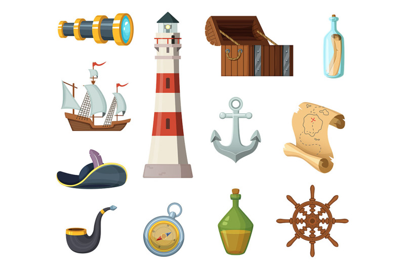marine-vector-objects-chest-compass-treasure-map-and-other-objects