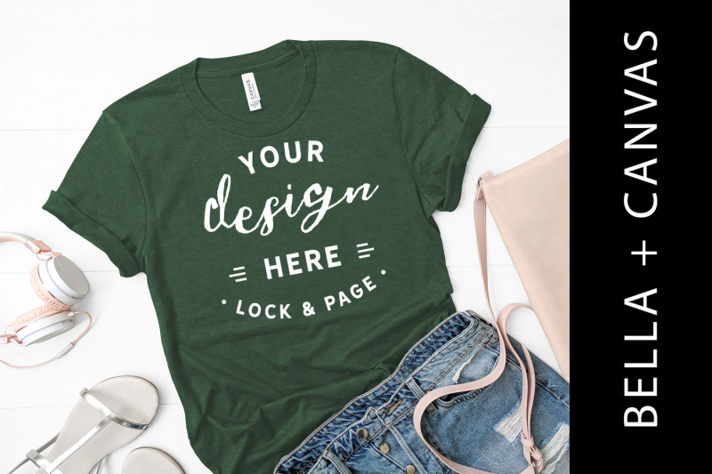 Free Heather Green Grass Bella Canvas 3001 T Shirt Mockup Ladies Flat Lay (PSD Mockups)