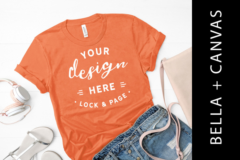 Free Coral Bella Canvas 3001 Women's T Shirt Mockup Fashion Flat Lay (PSD Mockups)
