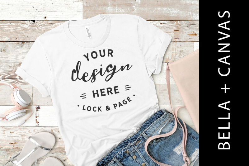 Free White Bella Canvas 3001 T Shirt Mockup Flat Lay Beach House Style (PSD Mockups)