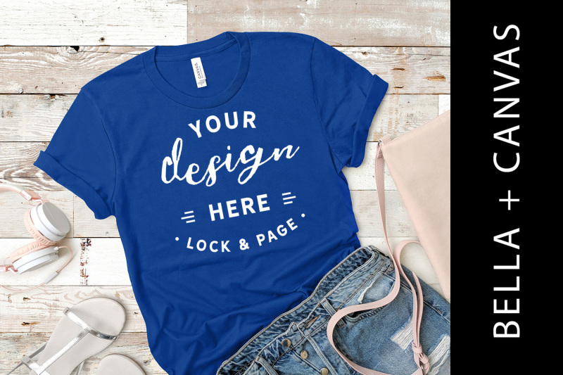 Free Bella Canvas 3001 True Royal T Shirt Mockup Flat Lay Rustic Backdrop (PSD Mockups)