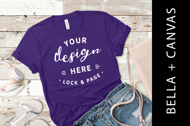 Free Team Purple Bella Canvas 3001 T Shirt Mockup Beach Shirt Flat Lay (PSD Mockups)