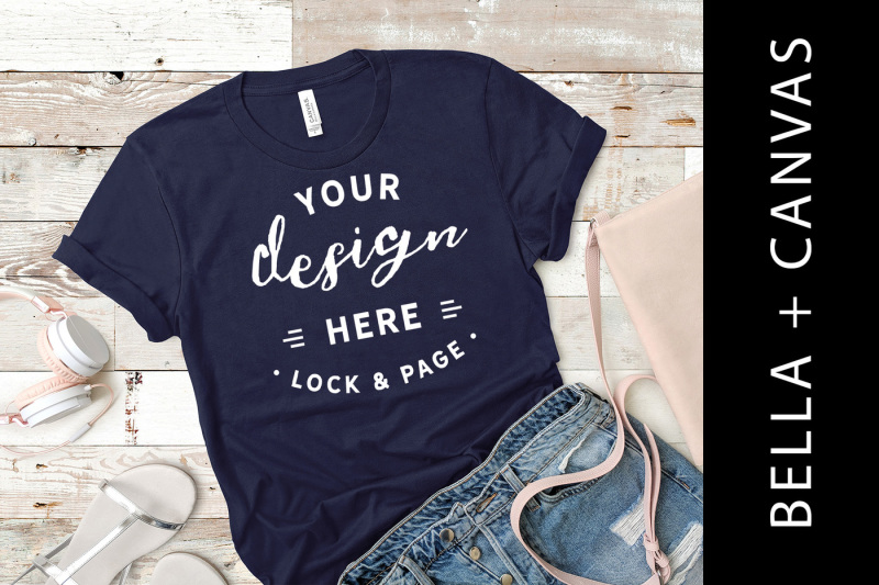 Free Bella Canvas 3001 Navy T-Shirt Mockup Rustic Floor Backdrop (PSD Mockups)