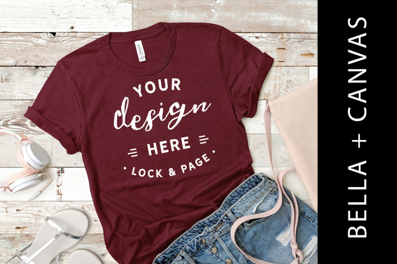 Free Maroon TShirt Mockup Bella Canvas 3001 Ladies T-Shirt Mockup Flat Lay (PSD Mockups)
