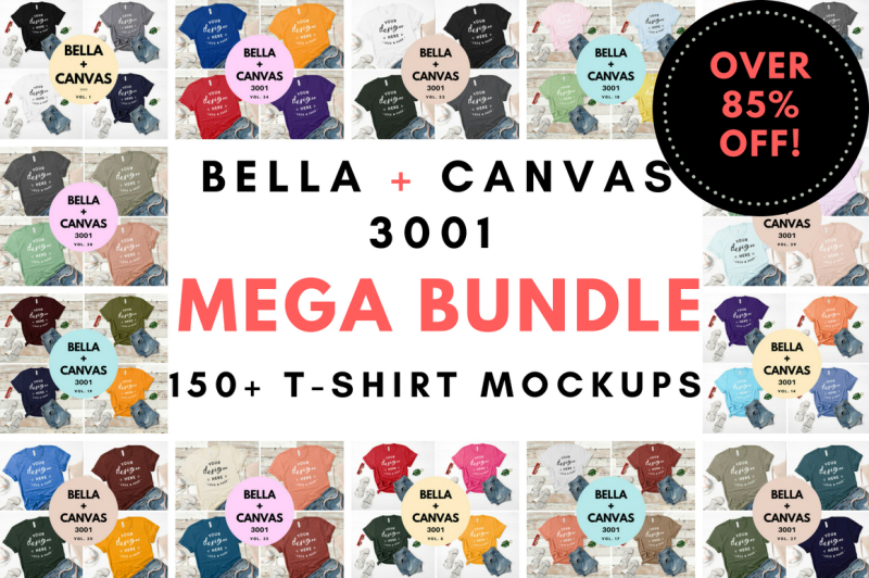 Free Bella Canvas 3001 Mega Bundle T-Shirt Mockup Flat Lay (PSD Mockups)
