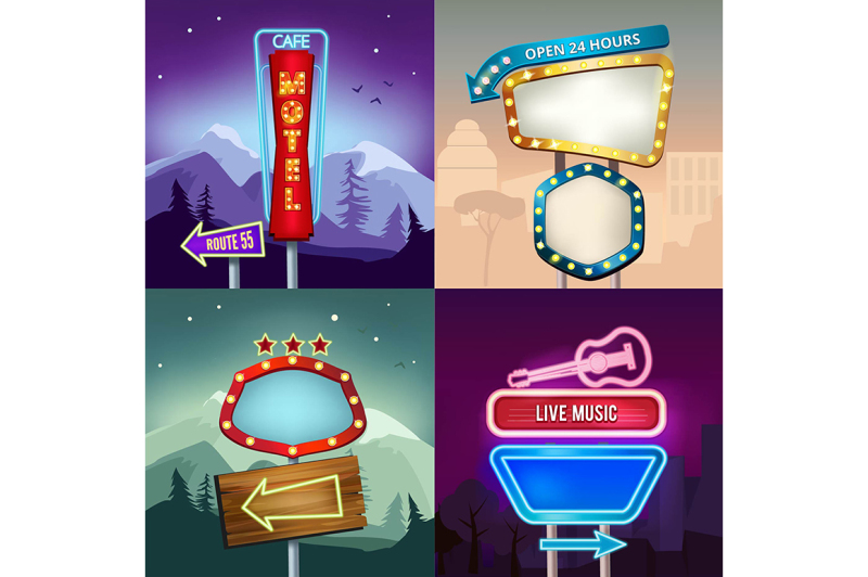 set-of-retro-illustrations-of-landscape-with-lighting-neon-banners