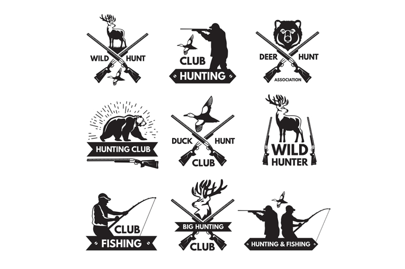 duck-bear-deer-and-other-animals-for-hunting-monochrome-labels-set