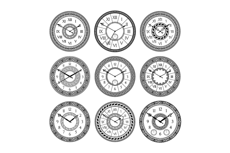vector-set-of-vintage-clocks-monochrome-pictures-isolate
