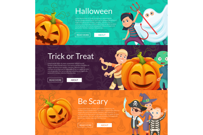 vector-halloween-banner-set-template-with-cartoon-pumpkins-and-kids