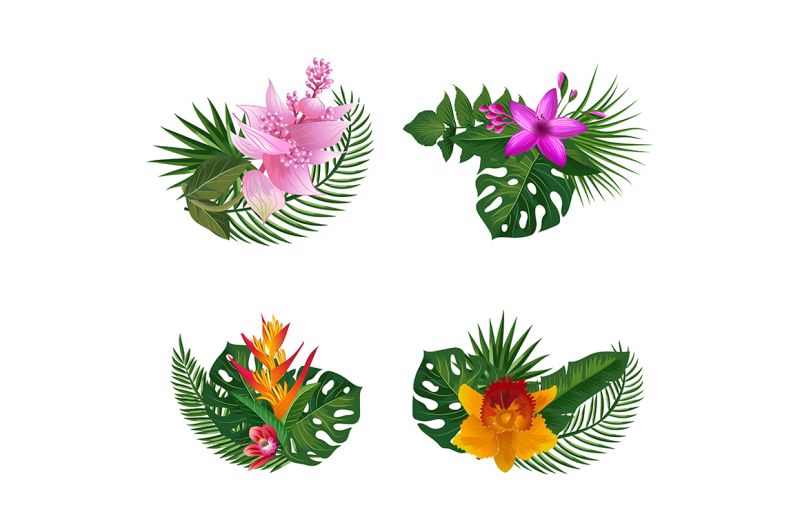 vector-tropical-palm-leaves-and-exotic-flower-elements-bouquets