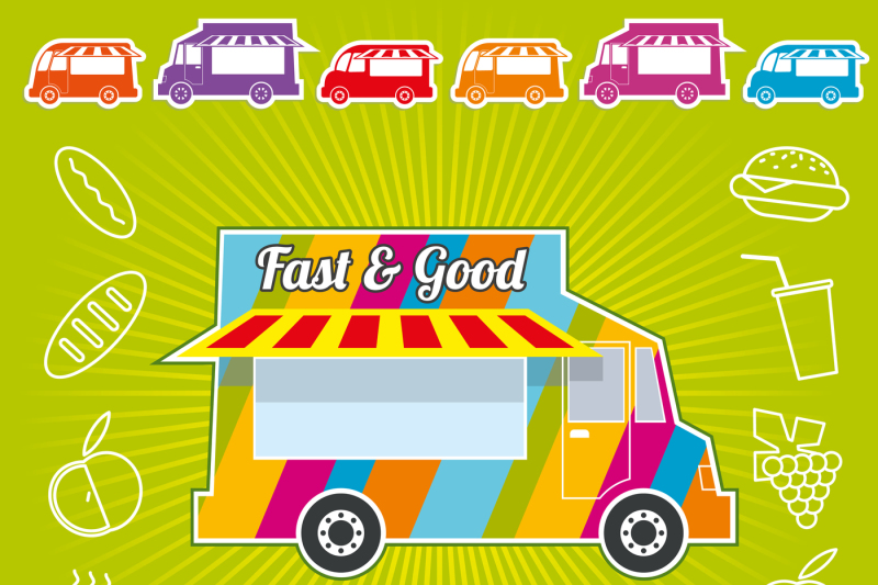 vector-poster-with-wagon-full-of-tasty-summer-food-meals-drinks-and
