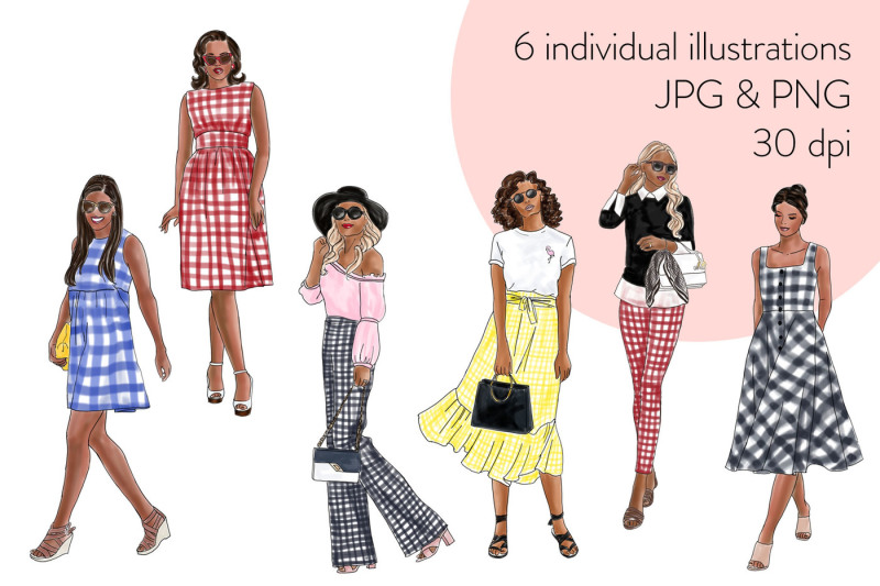 watercolor-fashion-clipart-girls-in-gingham-dark-skin