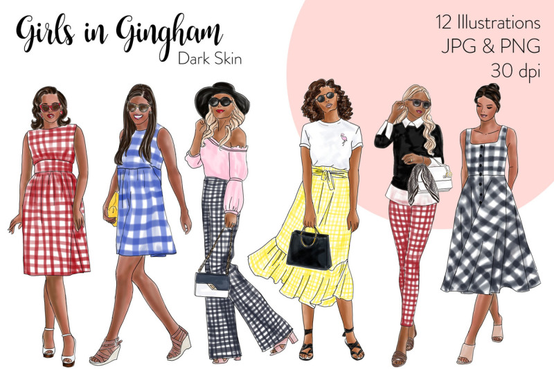 watercolor-fashion-clipart-girls-in-gingham-dark-skin