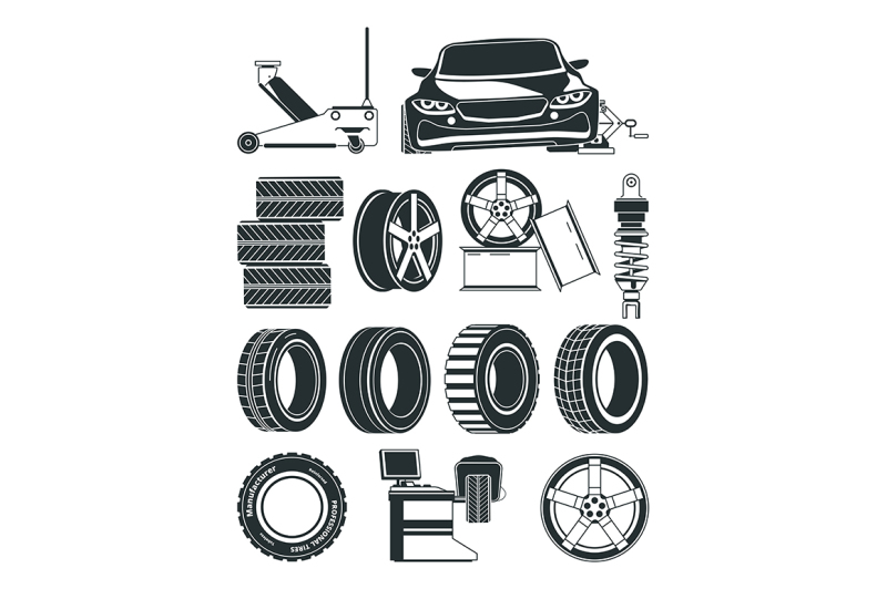monochrome-illustrations-of-tires-service-symbols-wheels-and-cars