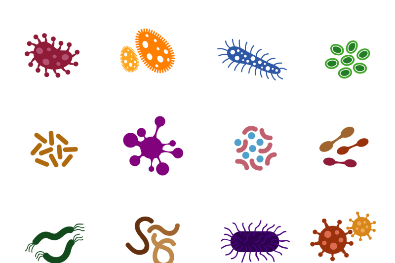 virus-bacteria-and-biology-microorganisms-flat-icons