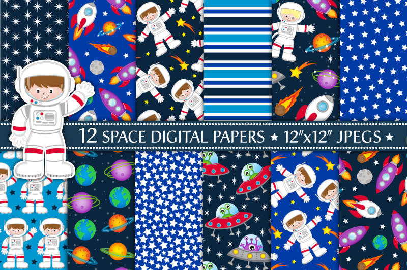 space-digital-papers-space-patterns-astronauts-planets-aliens