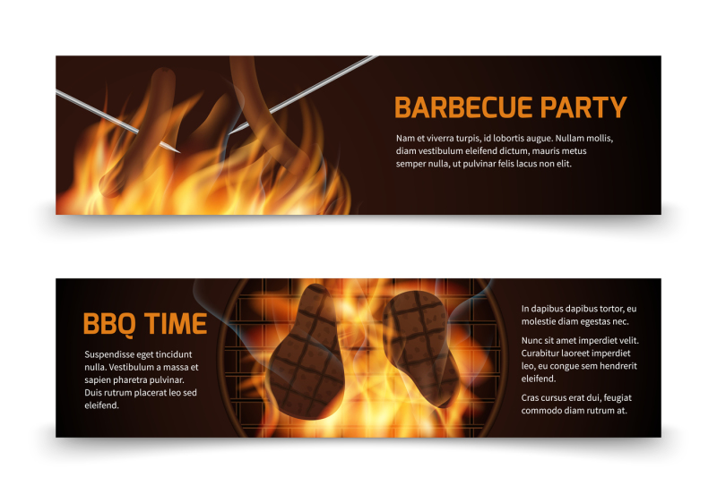 bbq-grill-party-horizontal-vector-banners-set-with-realistic-hot-fire