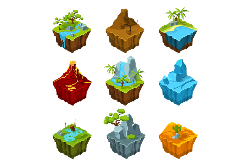 fantasy-isometric-islands-with-vulcans-different-plants-and-rivers